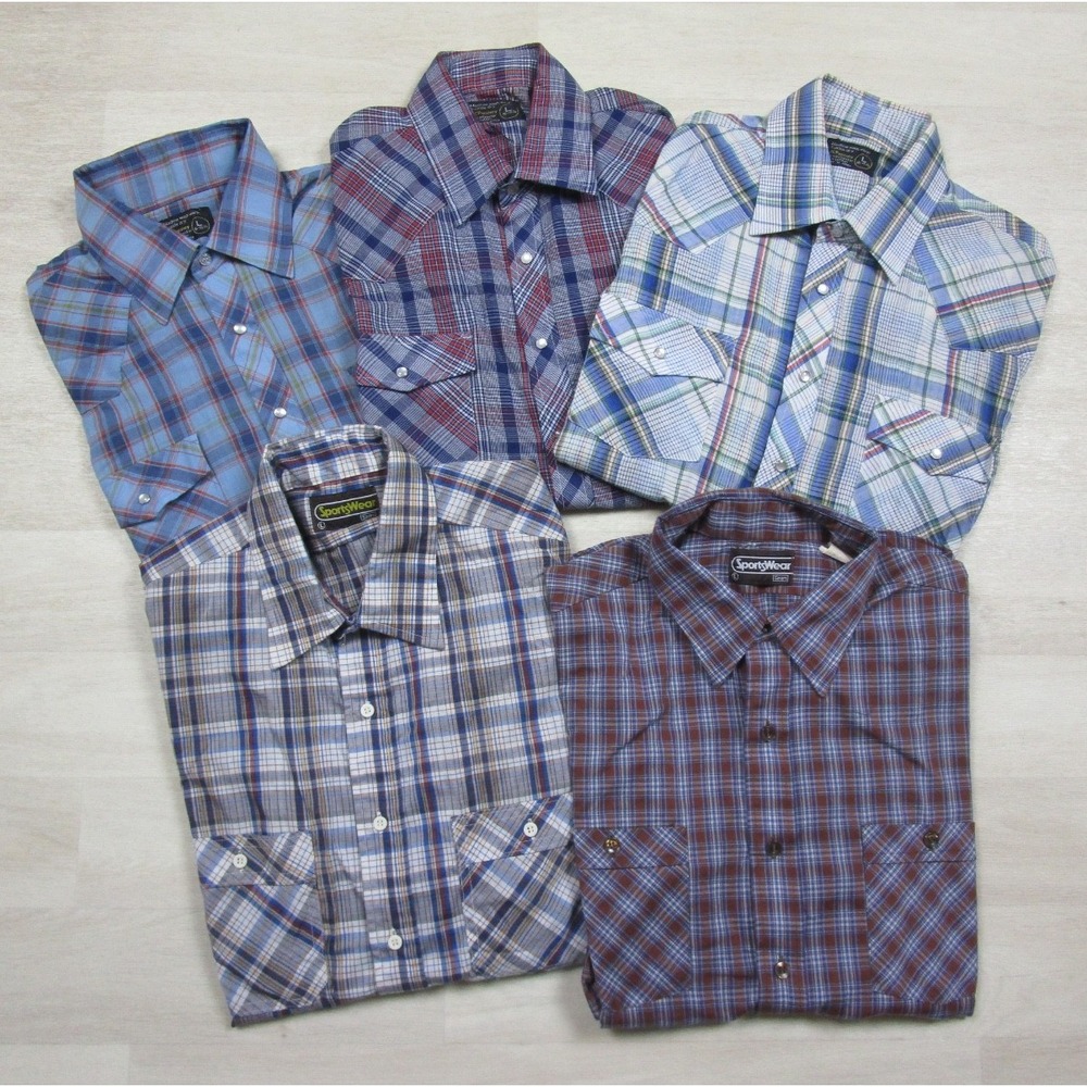 Vintage 1970's Western Shirt (L) Lot of 5 Plaid Pearl Snap JC Penney Sears
